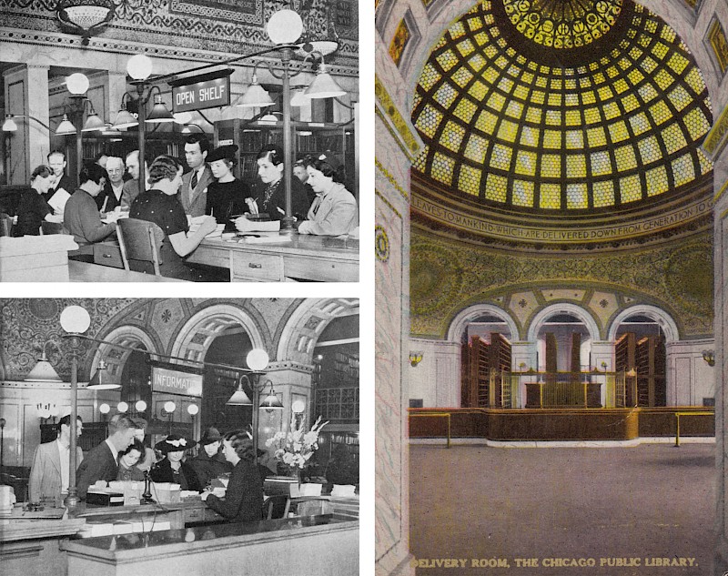 An archival image montage from the early 1940s shows Chicago Public Library patrons checking out books from a counter in Preston Bradley Hall and the hall set with an empty counter